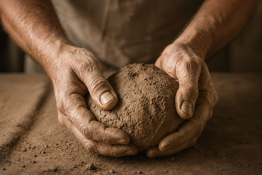 Hände formen Lehm – für das natürliche Handwerk von LEHM & RAUM