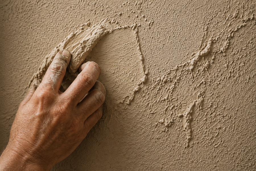 Hand trägt Lehmputz auf eine Wand auf